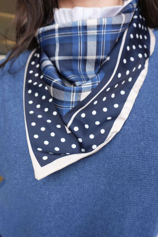 Plaid & Polka Border Triangle Silk Neckerchief Navy